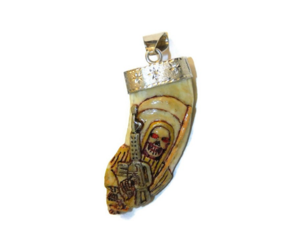.925 STERLING SILVER HOLY DEATH WITH AN SMG WILD HOG TOOTH (COLMILLO DE MARRANO SALVAJE) PENDANT