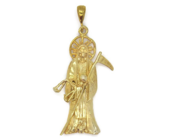 Santa Muerte Holy Death Grim Reaper 14k Solid Yellow Gold Large Pendant.
