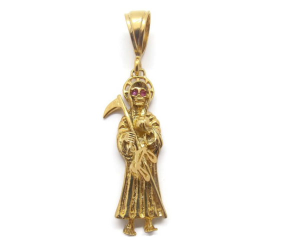 Santa Muerte Holy Death Grim Reaper with Ruby Eyes 14k Solid Yellow Gold Pendant