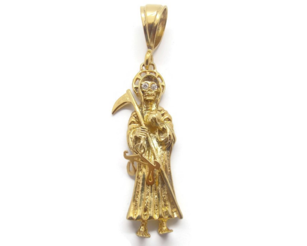 Santa Muerte Holy Death Grim Reaper with Diamond Eyes 14k Solid Yellow Gold Pendant!!