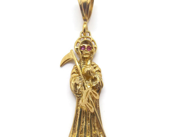 Santa Muerte Holy Death Grim Reaper with Ruby Eyes 14k Solid Yellow Gold Pendant