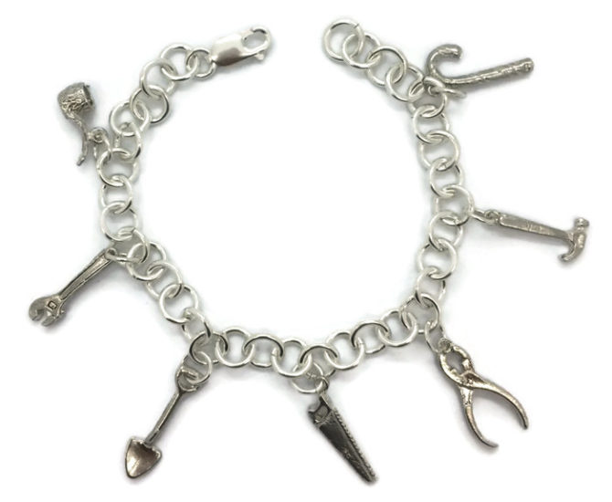 CHARM BRACELET WITH 7 TOOLS CHARMS HANDMADE .925 STERLING SILVER!!