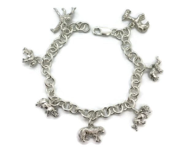 CHARM BRACELET WITH 7 SAFARI CHARMS HANDMADE .925 STERLING SILVER!!