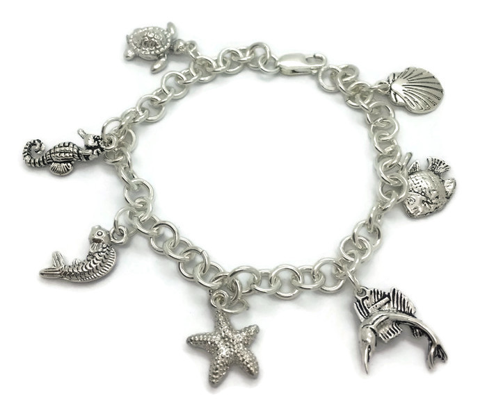 CHARM BRACELET WITH 7 SHOES CHARMS HANDMADE .925 STERLING SILVER!!