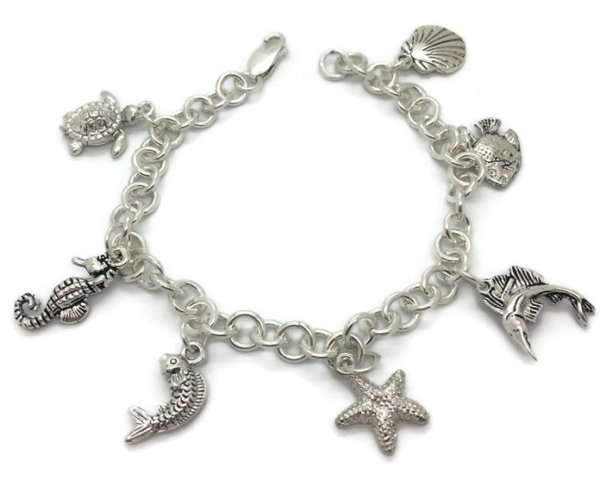 CHARM BRACELET WITH 7 SEA CHARMS HANDMADE .925 STERLING SILVER!!