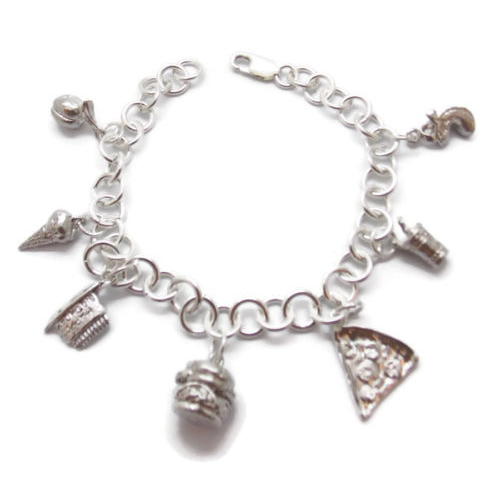 CHARM BRACELET WITH 7 FOOD CHARMS HANDMADE .925 STERLING SILVER!!