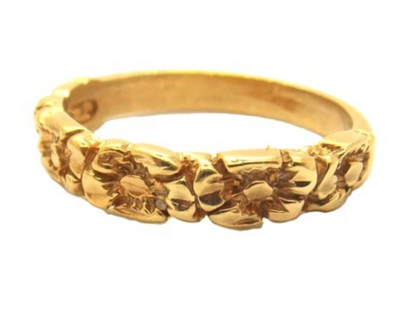 14K SOLID YELLOW GOLD FLOWERS BAND RING