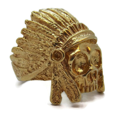 14K SOLID YELLOW GOLD INDIAN SKULL RING VERY DETAIL 100% HANDMADE BY US.