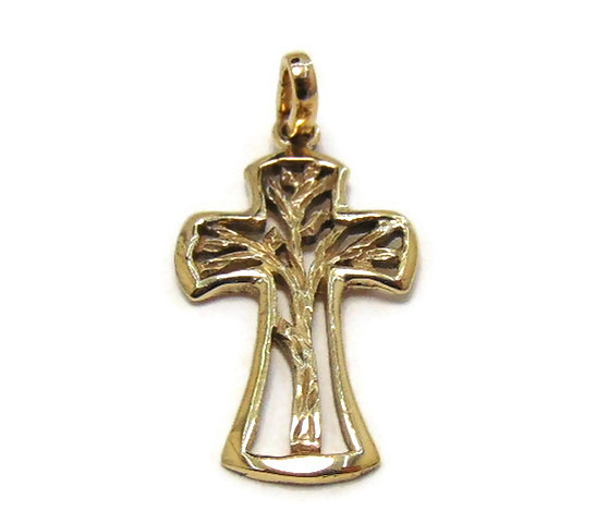 Cross With Tree Charm Pendant Yellow Gold!!