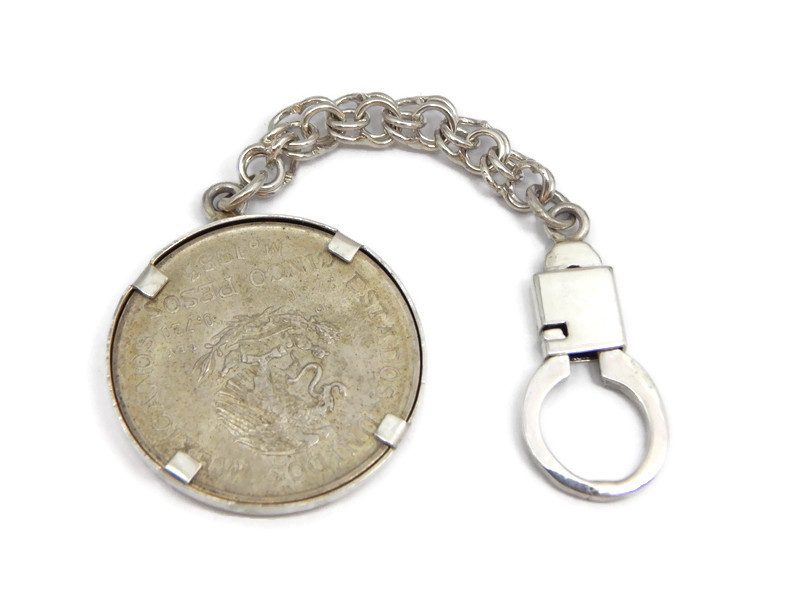 Vintage 1980s Mexican Peso Coin Keychain | Retro Souvenir Key chain |  Nickel Silver Keyring | Mexican Collectible