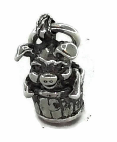 3-D Pig in Bucket Charm Pendant .925 Sterling Silver.