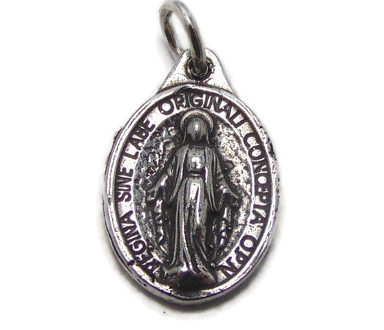 Small Miraculous Mary Medal Pendant .925 Sterling Silver.