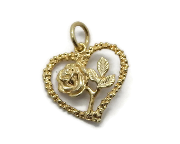 Heart With Rose Pendant Charm 14k Yellow Gold