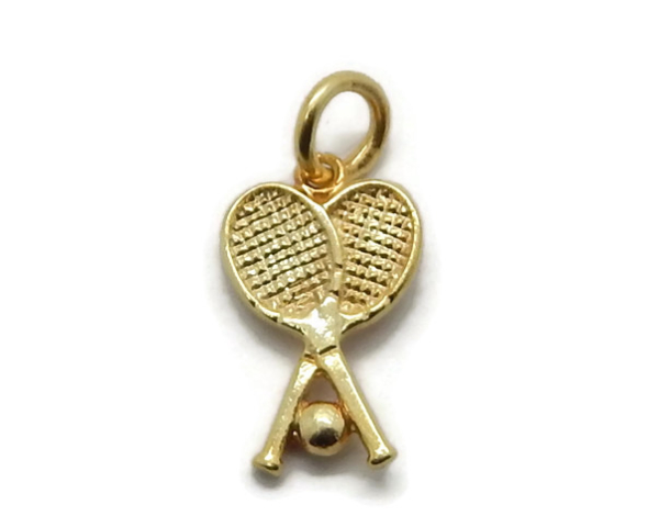 Crossed Tennis Rackets With Ball Pendant Charm 14k Yellow Gold