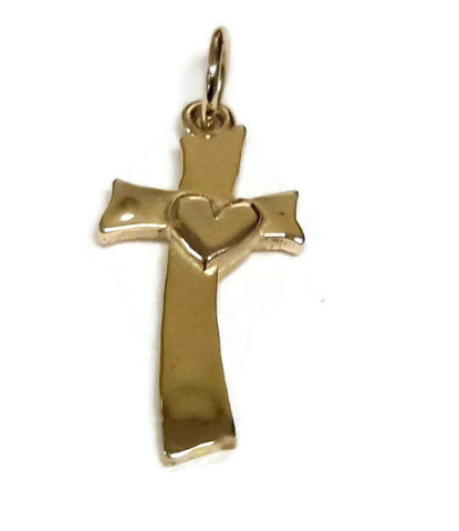 Cross With Heart Charm Pendant Yellow Gold!!