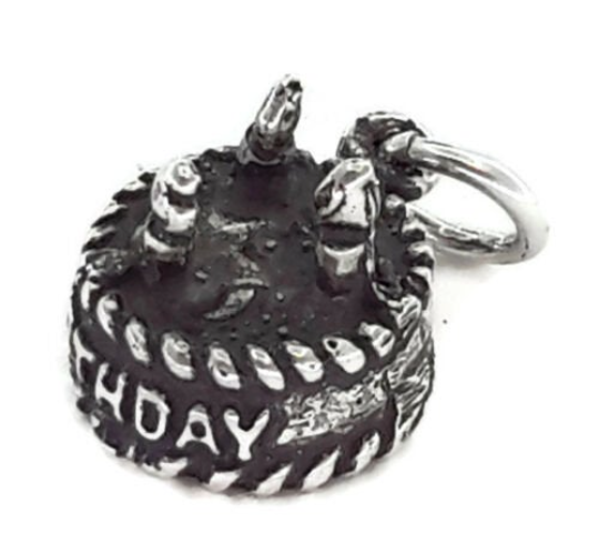 Birthday Cake Charm Pendant .925 Sterling Silver Antique Finish