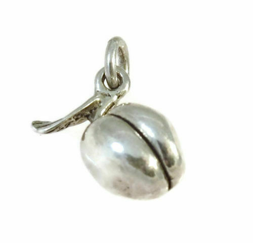 3D Peach fruit Pendant Charm with leaf .925 Sterling Silver.