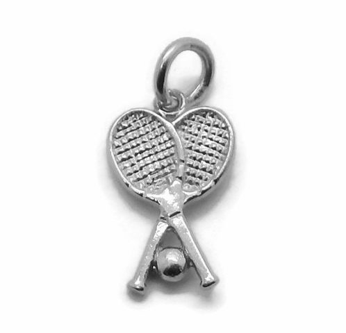 Crossed Tennis Rackets With Ball Pendant Charm .925 Sterling Silver