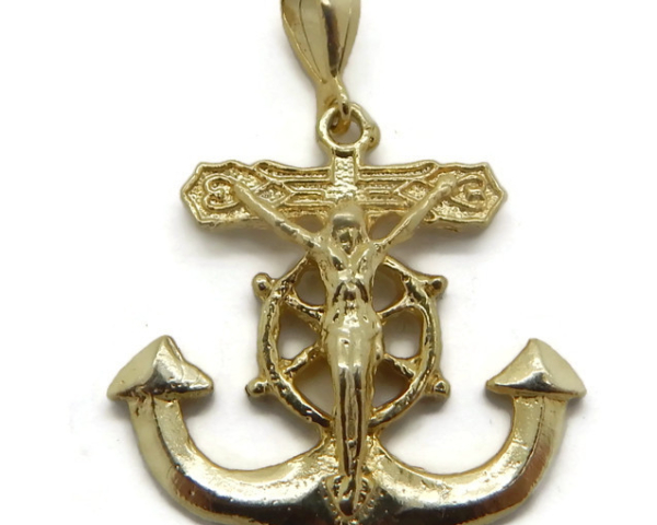 14K Yellow Gold Jesus Cross and Anchor Pendant
