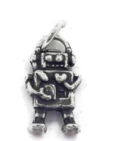 Robot With Heart Charm Pendant .925 Sterling Silver.