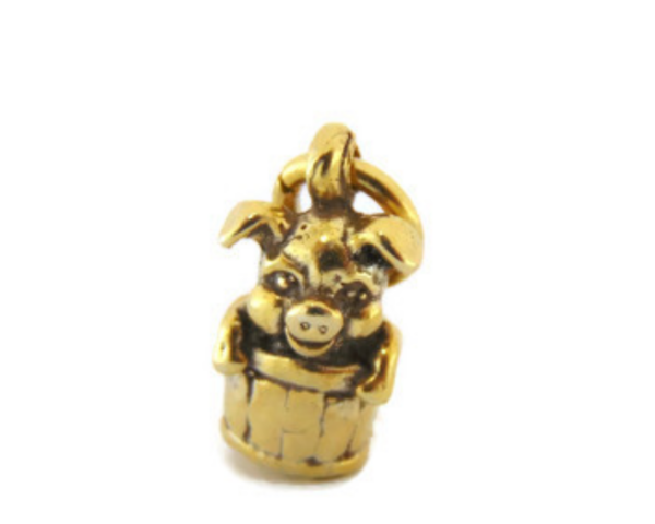 3-D Pig in Bucket Charm Pendant Yellow Gold