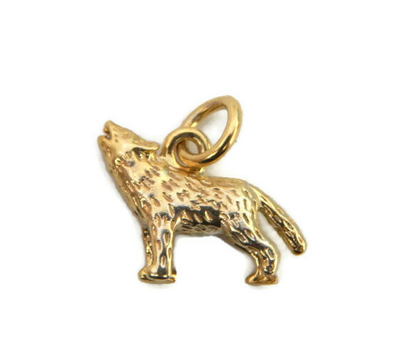 14K Yellow Gold Howling Wolf Charm Pendant