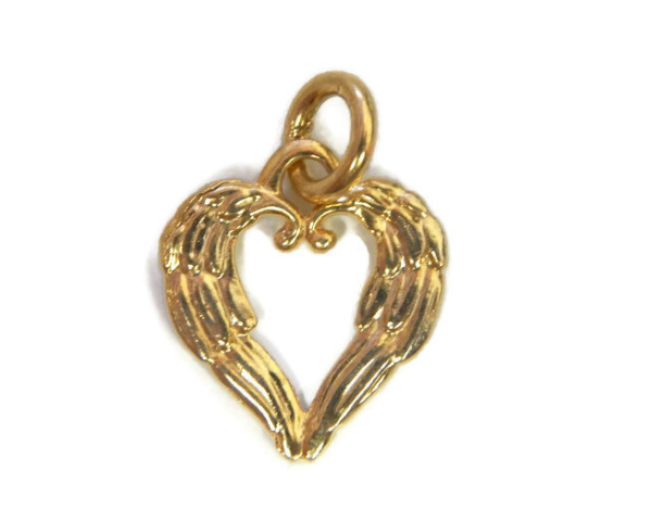 14K Yellow Gold Wings in the shape of a Heart 2 Charm Pendant