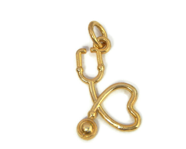 14K Yellow Gold Stethoscope Heart 2 Charm Pendant