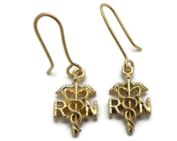 RN Registered Nurse Dangling Earrings 14K Yellow Gold