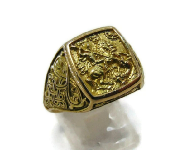 New! Signet Men Ring Orthodox Christian Religious St. George 18k Yellow Gold