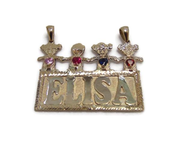 Yellow Gold Personalized Mothers Name Plate with Kids Figure with Simulated Birthstone Custom Handmade