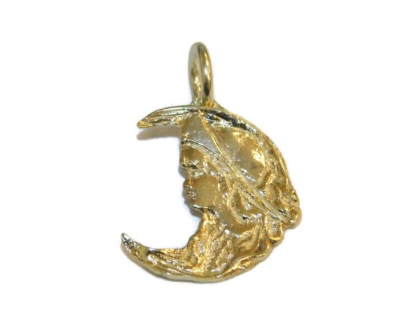 Girl face in the Moon Pendant 14k Yellow Gold