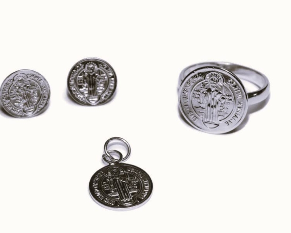 Sterling Silver .925 Small ST. Benedict 3pc Medallion Set (Earrings, Charm, & Ring)