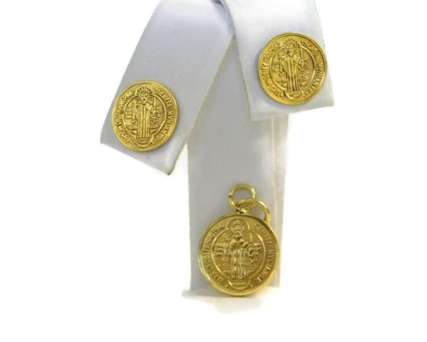 14k Yellow Gold Medium ST. Benedict 2pc Medallion Set (Earrings & Charm)