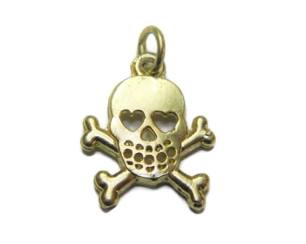 Skull with Heart eyes and Cross Bone Charm Pendant 14k Yellow Gold