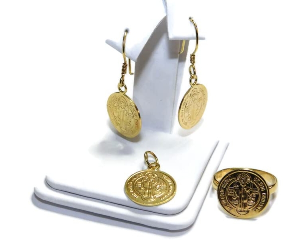 14k Yellow Gold Large ST. Benedict 3pc Medallion Set (Earrings, Charm, & Ring)