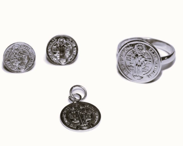 Sterling Silver .925  Medium ST. Benedict 3pc Medallion Set (Earrings, Charm, & Ring)
