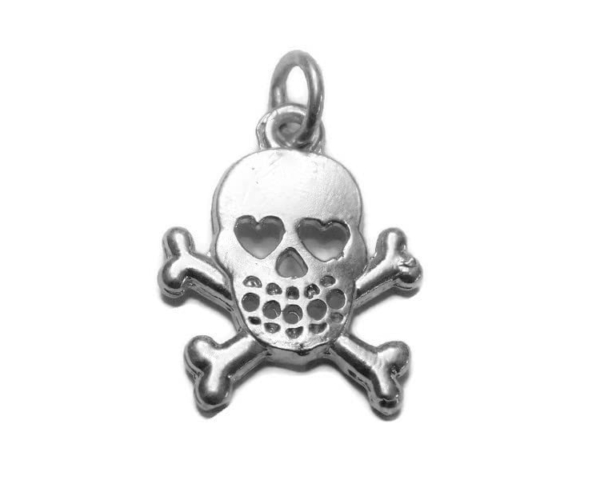 Skull with Heart eyes and Cross Bone Charm Pendant .925 Sterling Silver