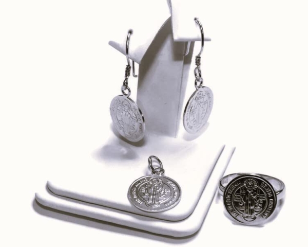 Sterling Silver .925 Large ST. Benedict 3pc Medallion Set (Earrings, Charm, & Ring)