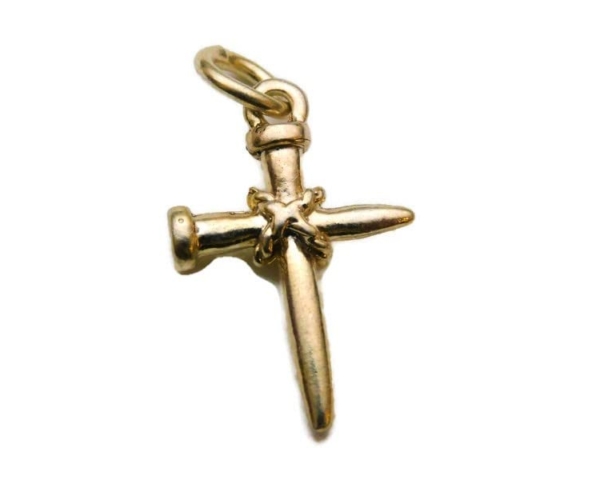 Rope Wrap Nail 3D Cross Charm Pendant 14k Yellow Gold