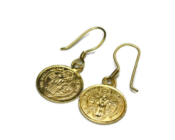 14k Yellow Gold Large ST. Benedict 2pc Medallion Set (Earrings & Charm)