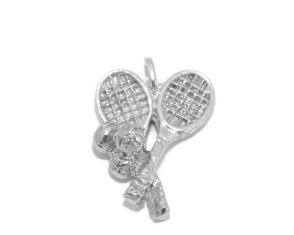 Pair of Tennis Rackets and Balls Charm Pendant .925 Sterling Silver