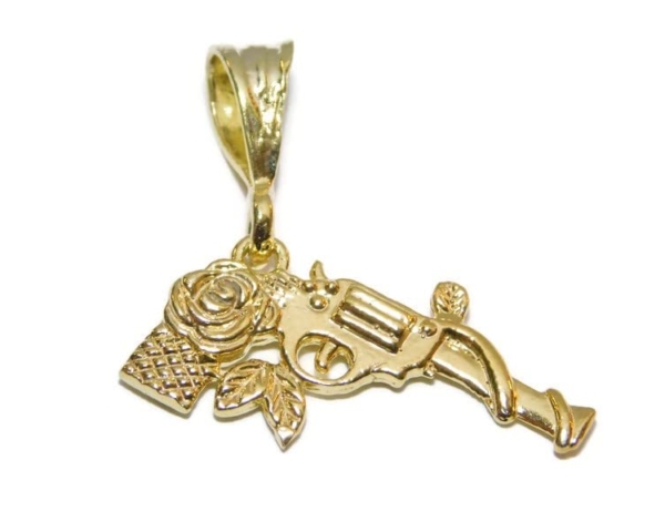 14k Solid Gold Revolver with Rose and Vines Charm Pendant.