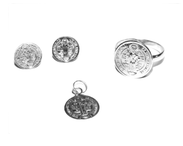 Sterling Silver .925 Small ST. Benedict 3pc Medallion Set (10mm) (Earrings, Charm, & Ring)
