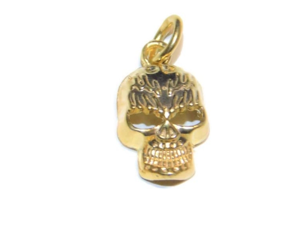 Skull with Flames Charm Pendant 14k Yellow Gold