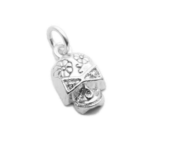 Skull with Flowers Charm Pendant .925 Sterling Silver