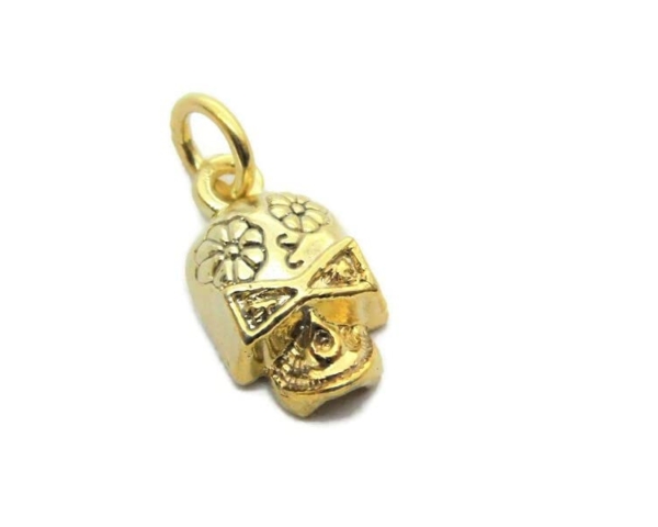 Skull with Flowers Charm Pendant 14k Yellow Gold!!