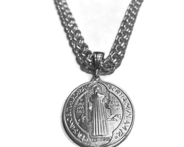 Chino Link Chain 26" with Large St. Benedict Medal Sterling Silver