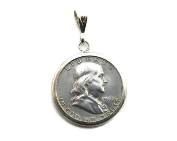 Half Dollar Franklin 1940’s- 1960’s coin on a .925 Sterling Silver Charm Bezel