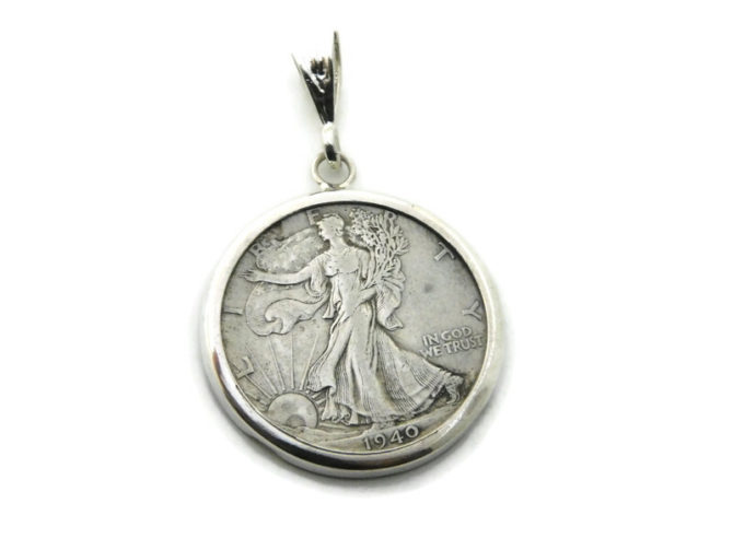 Half Dollar walking Liberty 1930’s- 1940’s coin on .925 Sterling Silver Charm Bezel